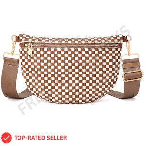 Woven Faux Leather Crossbody Sling Bag Checkered Pattern Y2K Chic Everyday Purse